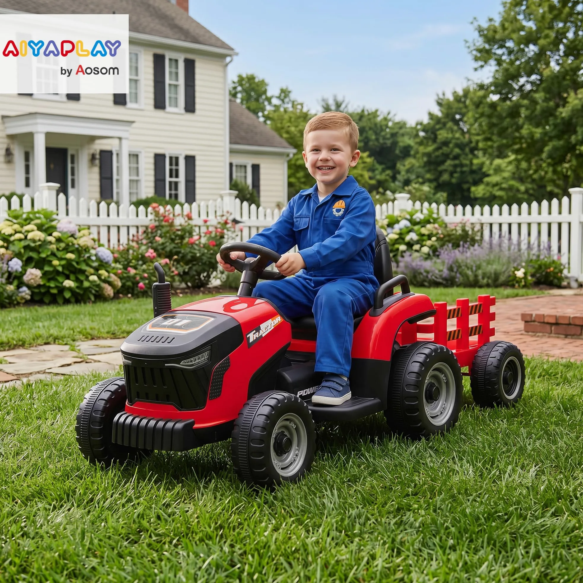AIYAPLAY 2 in 1 Trattore Elettrico per Bambini 12V con Rimorchio Rosso | 3-8 Anni, Rimorchio Staccabile, Auto Elettrica Cavalcabile per Bambini, Telecomando, Cintura di Sicurezza, Musica, Luci LED