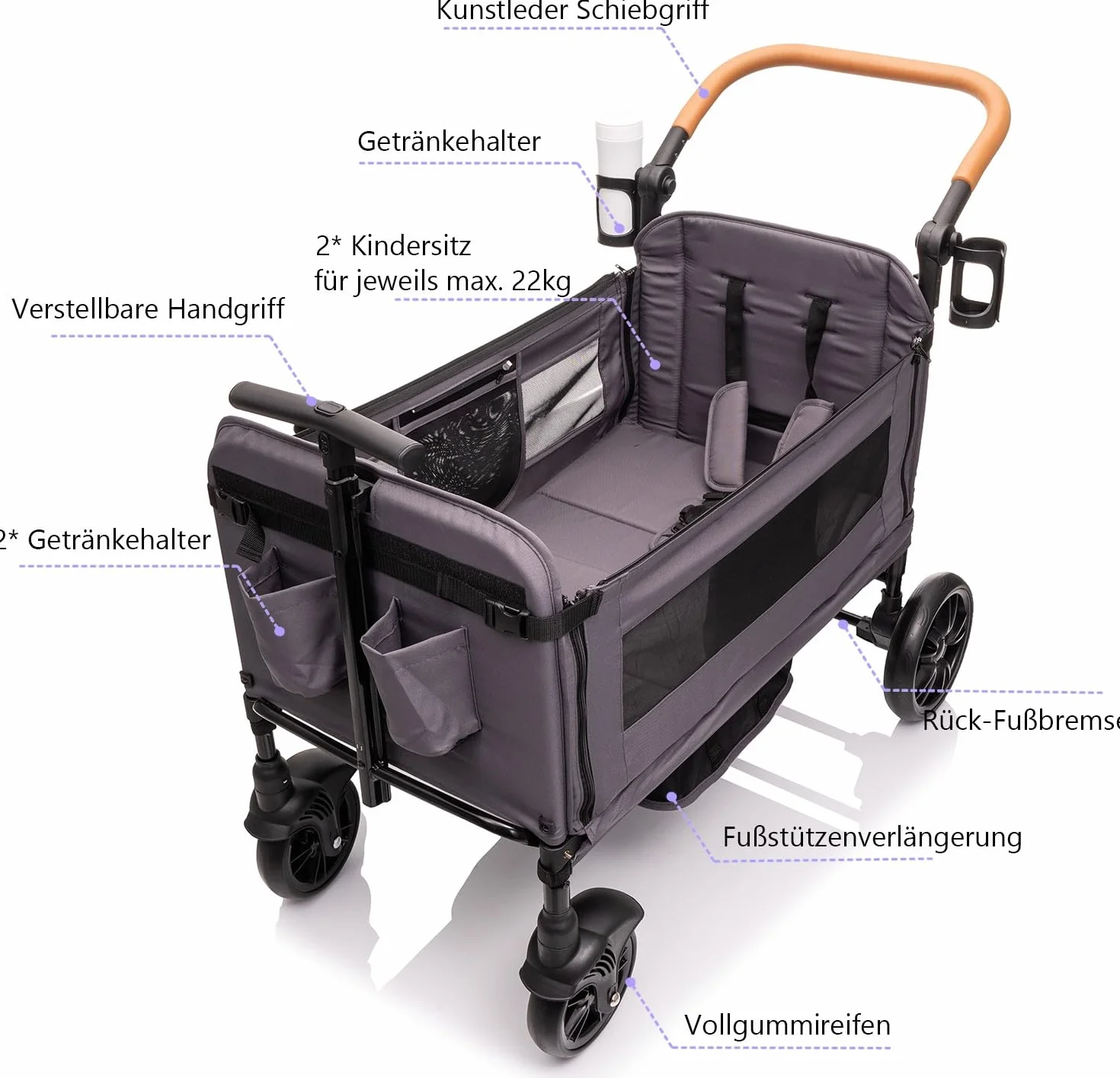 vickey Carrello pieghevole con tetto per 2 bambini, carrello cargo, pieghevole, con manico scorrevole, Duo, resistente agli urti, ruote in poliuretano con freni, portabevande, 100 l, colore: grigio