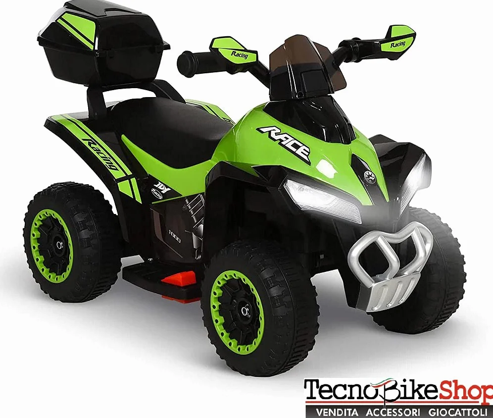 Tecnobike Shop Mini Quad Deluxe 6V luci Suoni Batteria Ricaricabile Marcia Avanti e Indietro Baluetto e Parabrezza (Verde)