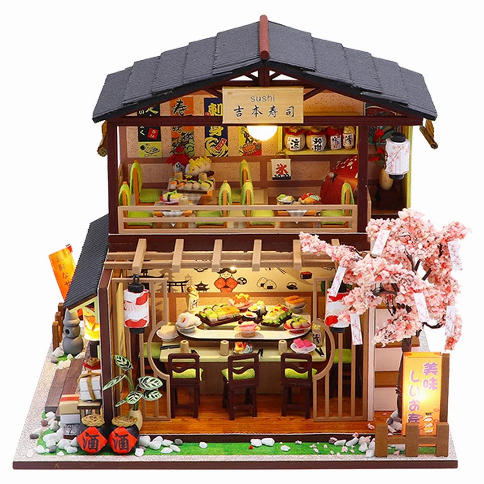 Kit fai da te in miniatura per casa delle bambole con scatola antipolvere e carillon, negozio di sushi giapponese, mobili per casa delle bambole 3D in legno, puzzle creativo, regalo di compleanno per