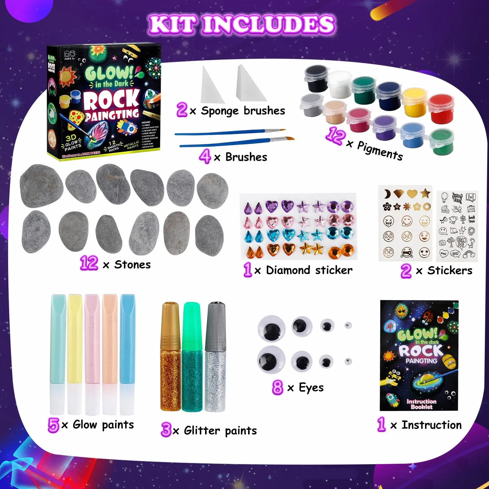 Sassi Da Dipingere, Kit Pittura per Bambina 4-9 Anni, Regalo Creativo, Lavoretti Bambini, Colori Acquerelli, Giochi Creativi 3-10 Anni, Natale
