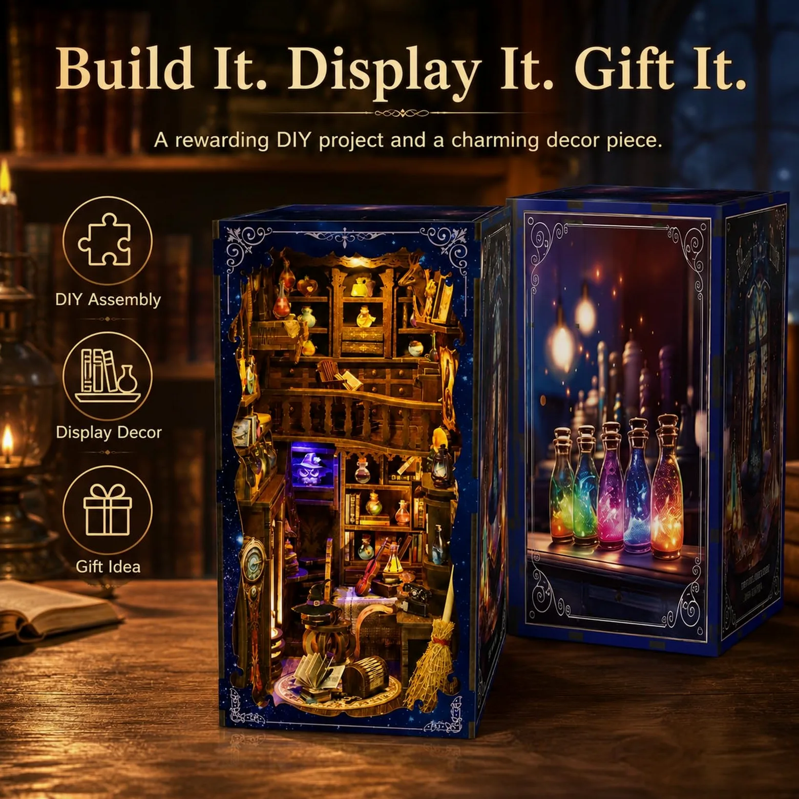 GOOGO Kit Book Nook, casa in miniatura fai da te Book Nook da 334 pezzi con luce LED, puzzle 3D in legno, fermalibri decorativo per libreria, regalo creativo per adulti (Casetta incantata)