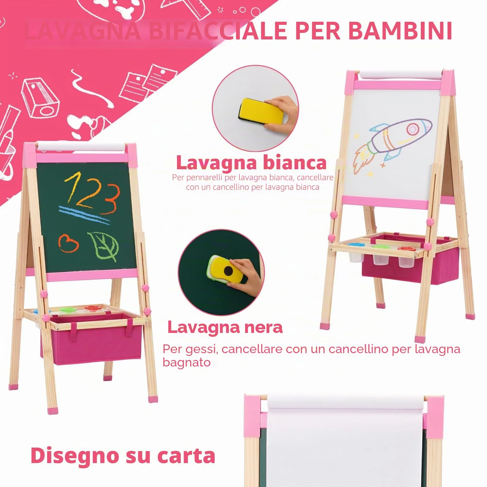 Lavagna per Bambini 3 in 1 con Rotolo di Carta, Cavalletto Artistico Pieghevole Rosa