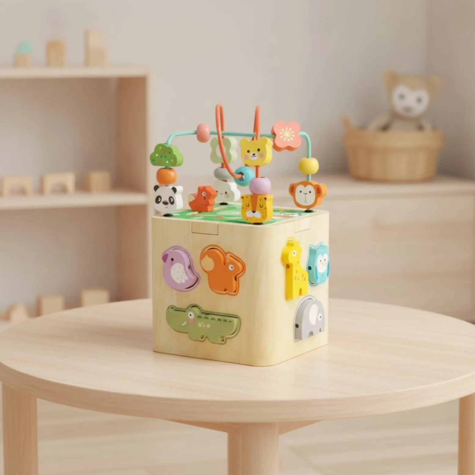 Giocattolo Educativo per Bambini Cubo Sensoriale Legno Percorso Perline Rotelle Ingranaggi Puzzle Rotante Abbinamento Forme Sviluppo Abilità Motorie