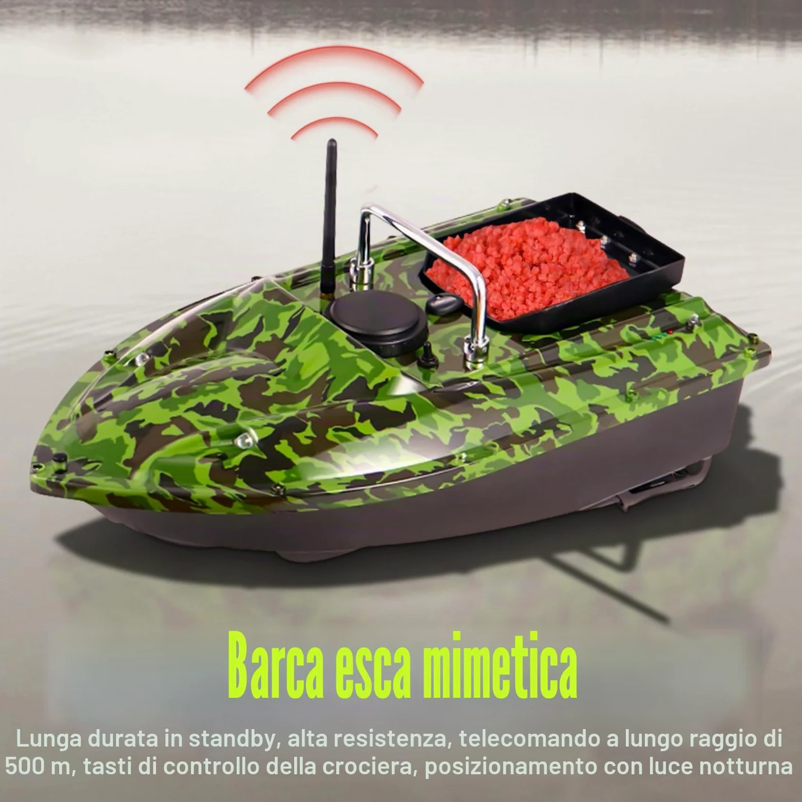 500M RC Fischköder Boot, Telecomando 110-240V Futterboot 1,5KG Carico 2 Motori, LED Senza Fili Mimetico Köder con Caricabatteria e Telecomando
