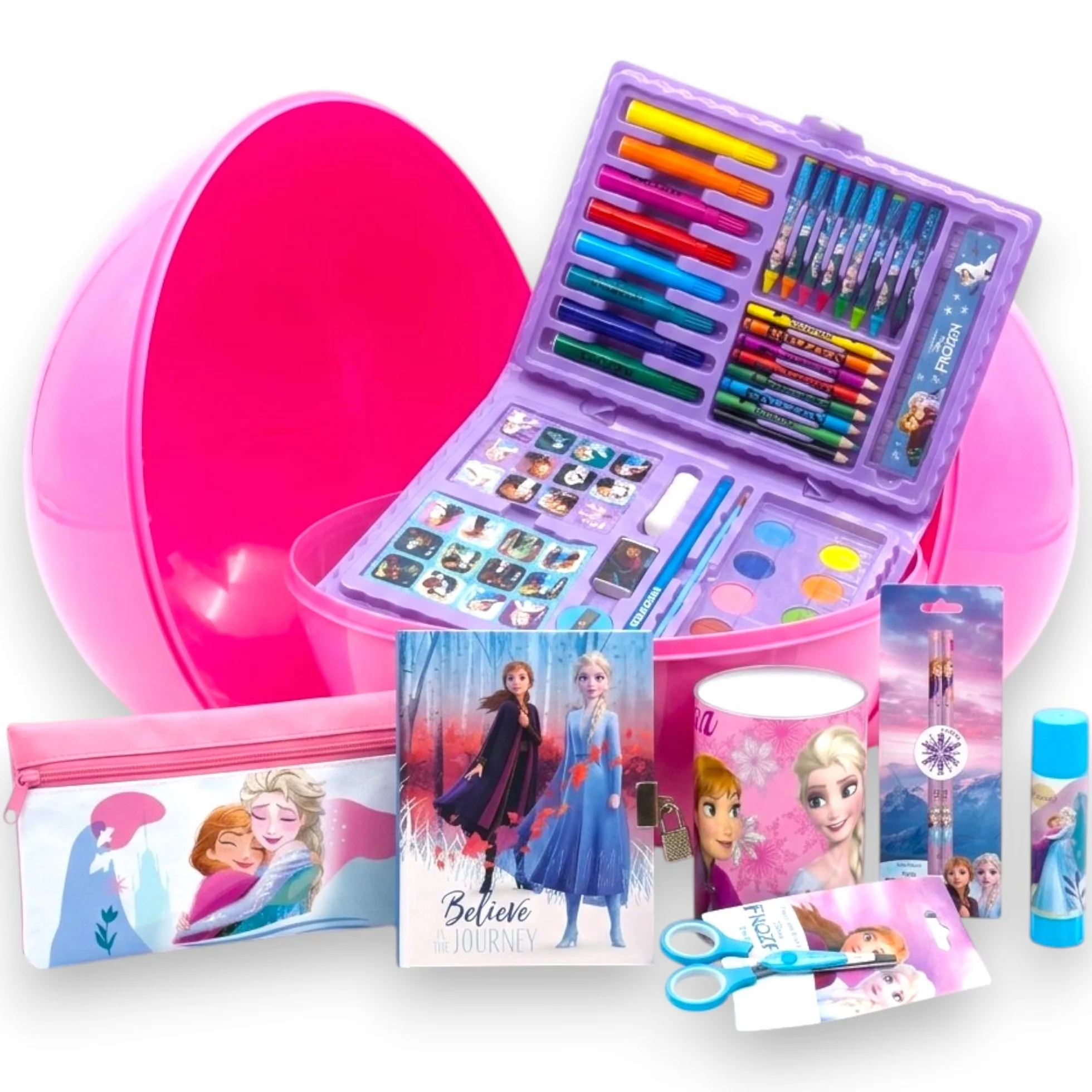 KORAT - Uovo Sorpresa Pasqua Kit Scuola per Bambini con Cancelleria, Set Colorare con Pennarelli, Matite, Album, Astuccio e Accessori, Idea Regalo Originale Compleanno Pasqualone (Frozen)
