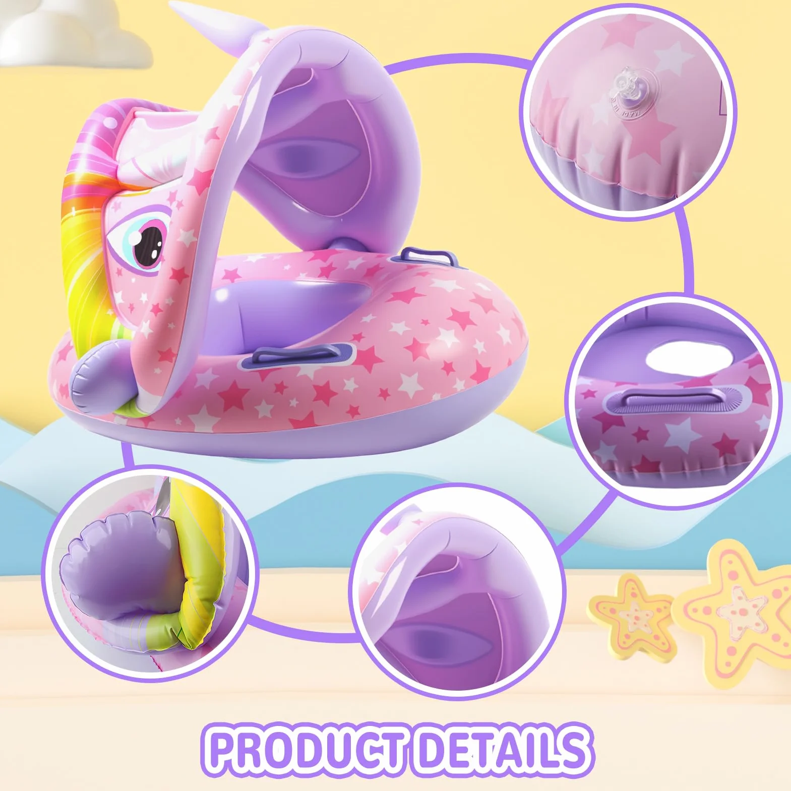 Salvagente Neonato con Parasole, Canotto Neonato con Parasole, Ciambella Mare, Gonfiabile Mare, Unicorno, Dinosauro per Piscine