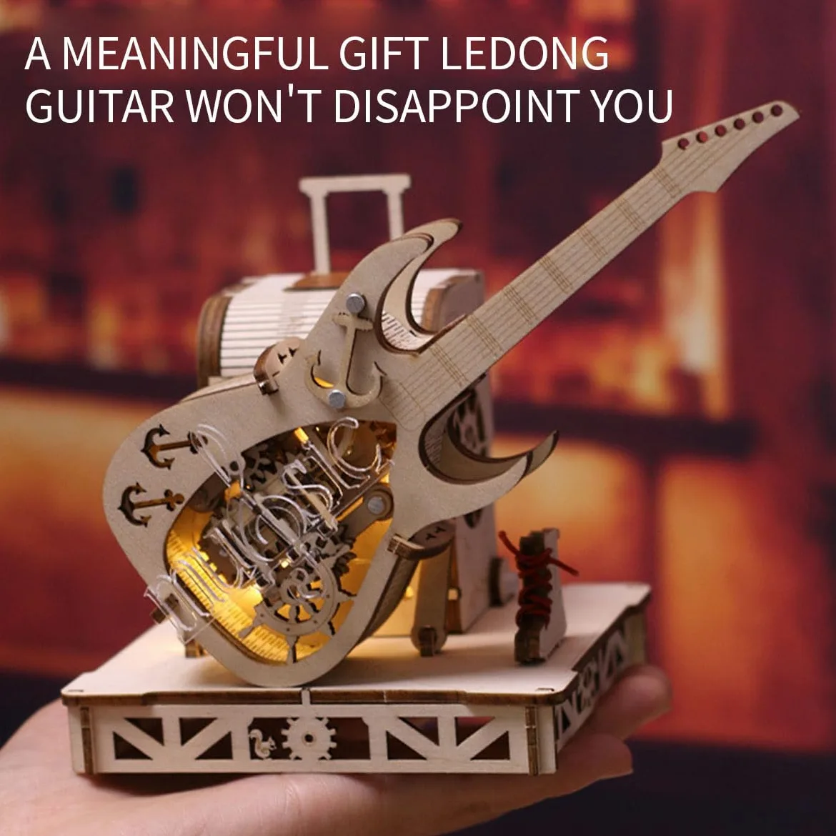 Kit di costruzione in legno 3D, carillon per chitarra, trasmissione meccanica, modello in legno per adulti, da costruire, decorazione per la casa, regalo di compleanno di Natale (150 pezzi)