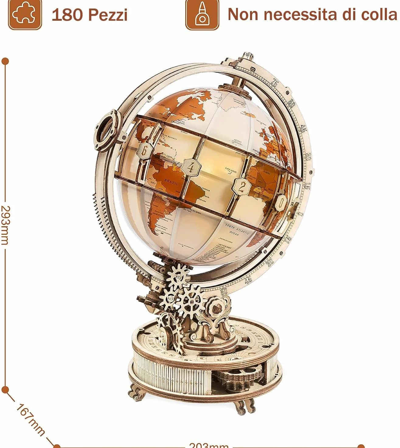 ROKR Puzzle 3D in Legno Globo Luminoso Modellismo da Costruire Adulti Wooden Puzzle, 180 Pezzi, Luminous Globe