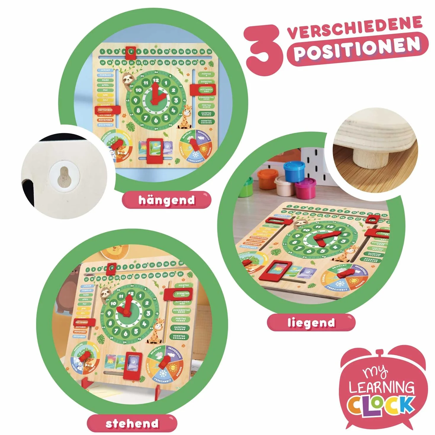Craze My Learning Clock Animals - Orologio educativo per Bambini in Legno, Calendario per l'apprendimento dei Bambini, da Parete, Colore: Verde