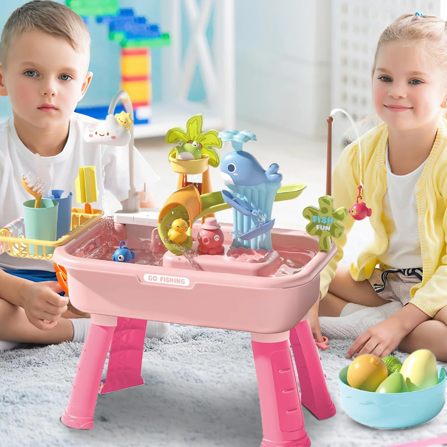 Tavolo Acquatico Esterno Tavolo Sensoriale Acquatico | 4 in 1 con Rubinetto Elettrico Educativo Bambini Casa Giardino Viaggio Asilo Picnic Campeggio Cortile Simbolico