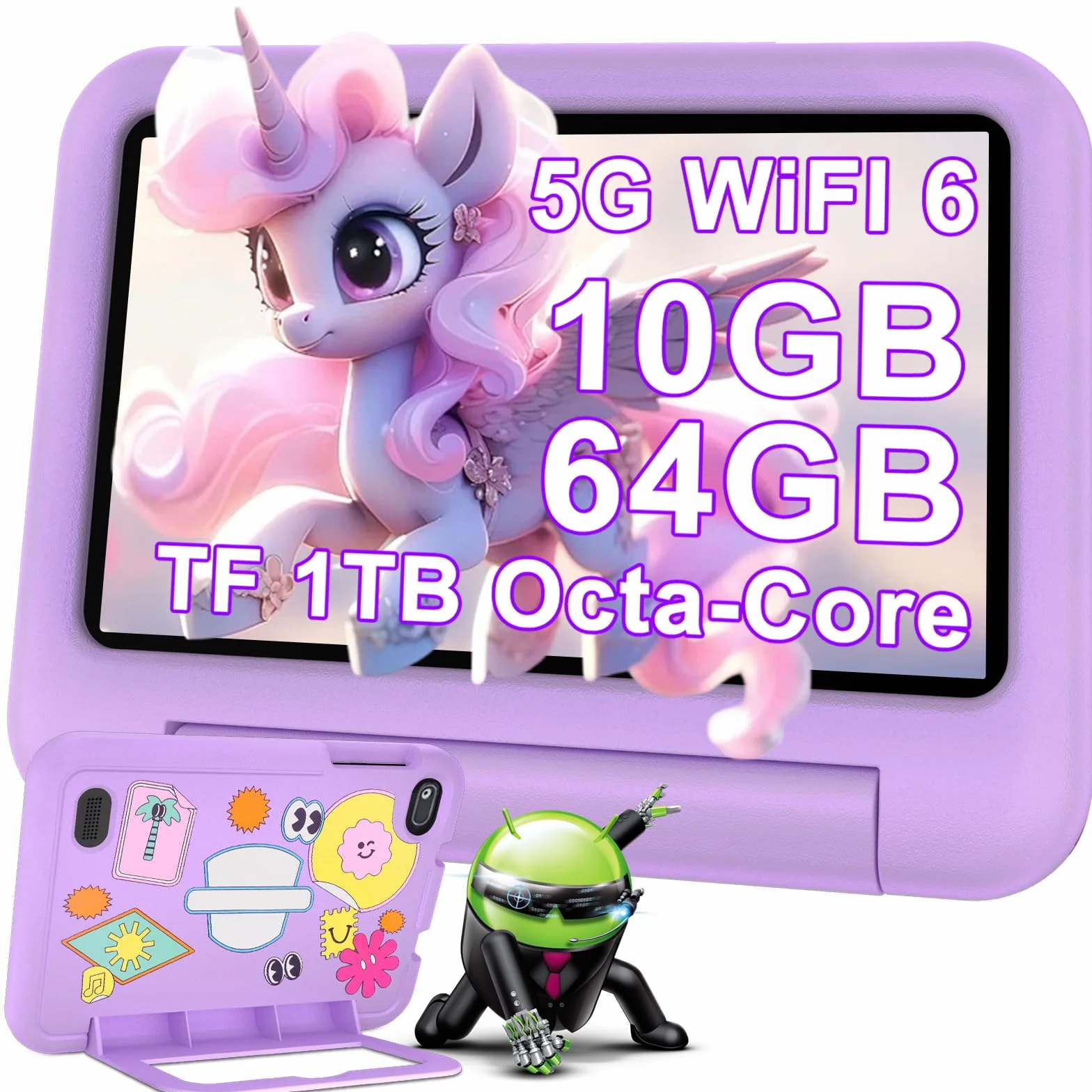 Tablet per Bambini Andorid 14 Tablets 7 Pollici 10GB RAM + 64GB ROM (TF 1TB), 5G WiFi 6, BT5.0, Octa-Core, Controllo Parentale | Doppia Fotocamera | GMS Certificated | GPS | Tablet con Custodia -Viola