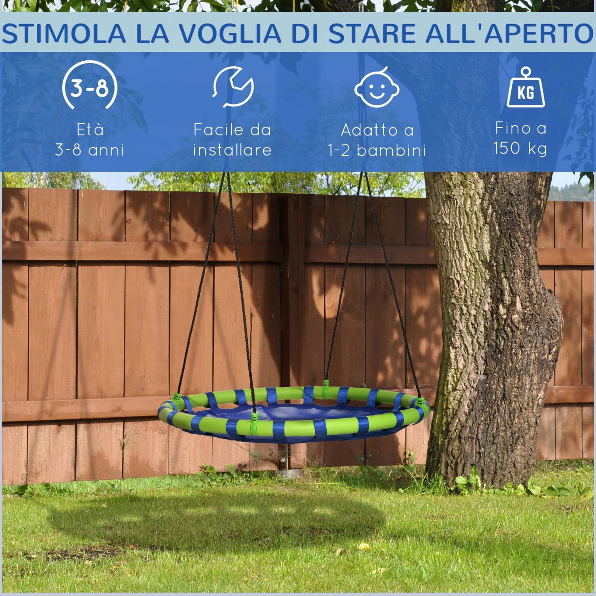 Outsunny Altalena da Giardino per Bambini da 3-8 Anni Ø100cm Blu | Altalena a Nido, Corde Regolabili, Giochi da Giardino per Bambini
