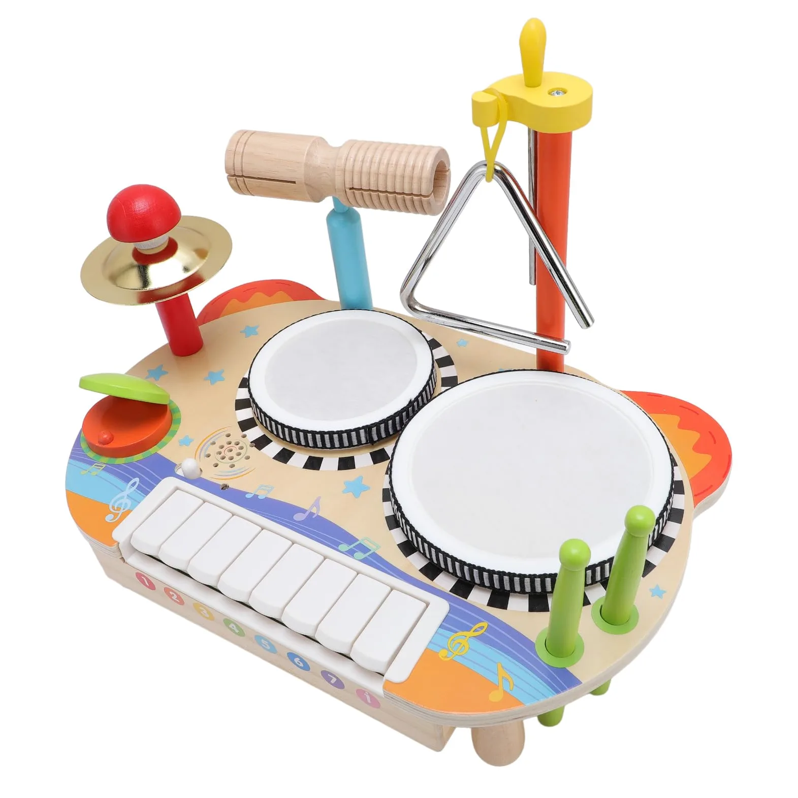 Fockety Set di Tamburo in Legno per Bambini con , Giocattolo Musicale per | Strumento a percussione per bambini, set musicale 3 in 1, per ragazzi e ragazze di età compresa tra 1 e 3 anni