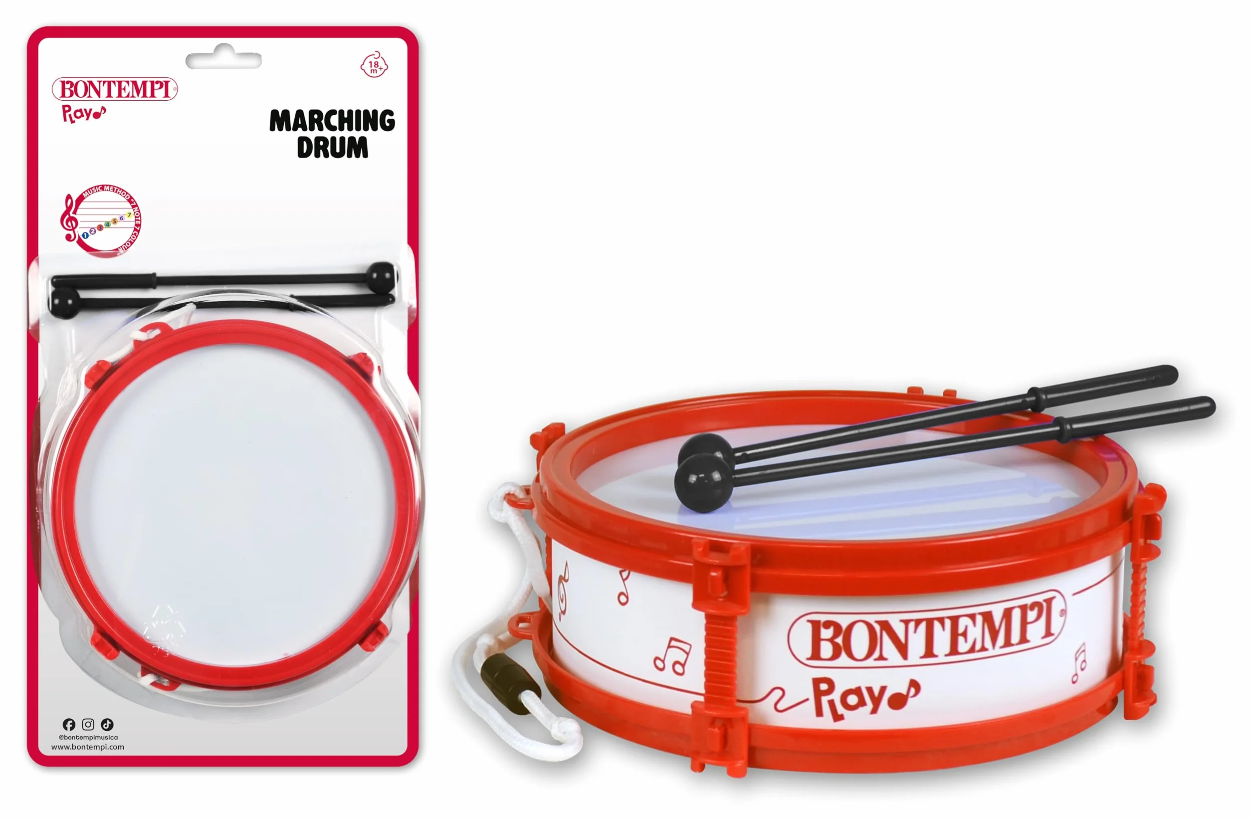 BONTEMPI - Tamburo con Tracolla Completo di Bacchette, Suono Realistico, Diametro 150 mm