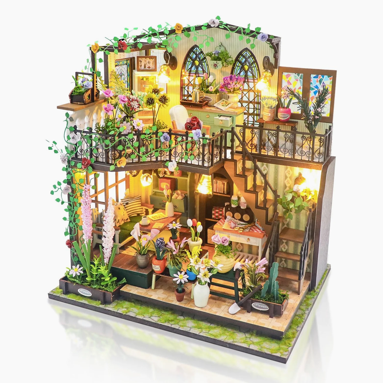 Cuteefun Miniatura Casa Delle Bambole Kit, Dollhouse in Legno con LED, Kit Casa Minuscola per Adulti da Costruire, Regali Unici per Compleanni, Natale(Casa di Fiori)