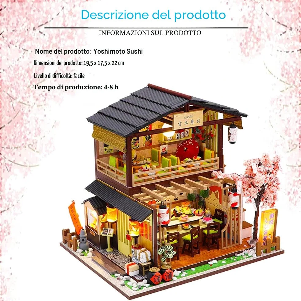 Kit fai da te in miniatura per casa delle bambole con scatola antipolvere e carillon, negozio di sushi giapponese, mobili per casa delle bambole 3D in legno, puzzle creativo, regalo di compleanno per