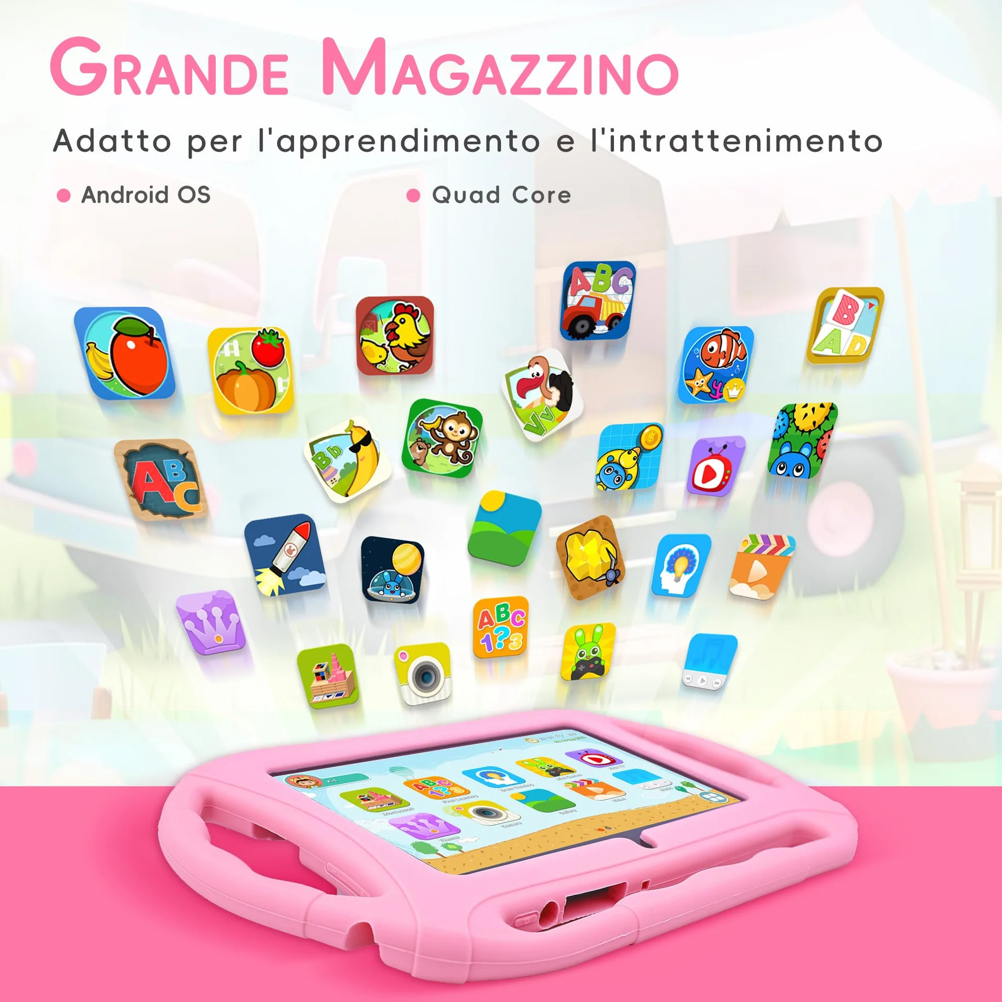 Veidoo Tablet per bambini da 7 pollici, tablet Android, 2GB RAM 32GB ROM, WiFi, schermo HD, applicazioni preinstallate con controllo parentale, giochi, tablet educativo, Rosa