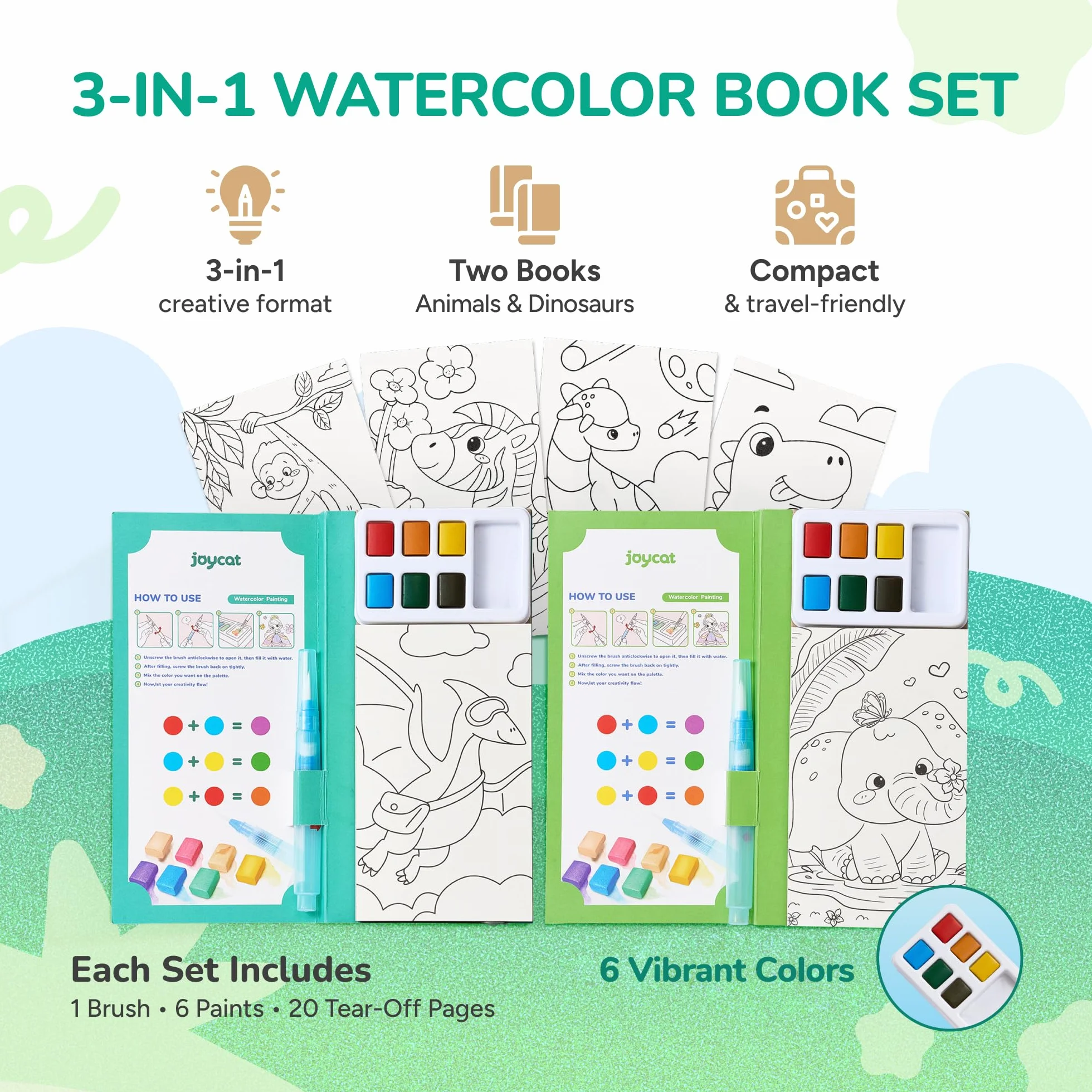 JoyCat Set 2 Libri da Colorare con Acquerelli per Bambini, Kit Creativo da Viaggio e Casa, Regali 3-8 Anni (Verde Chiaro & Verde)