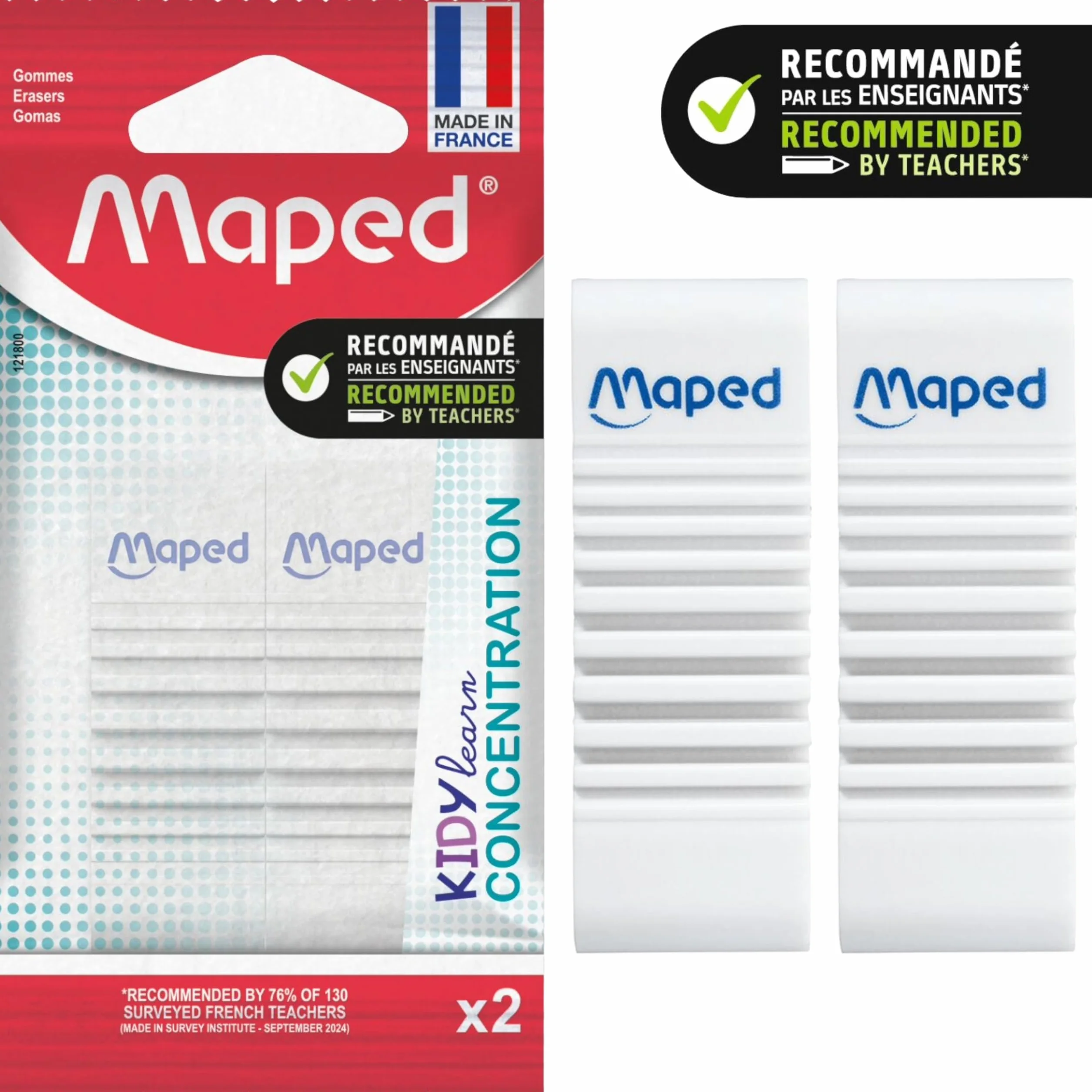 Maped - 2 gomme KIDY LEARN CONCENTRATION - Superficie strutturata - Stimolazione sensoriale - Gomma efficiente - Made in France - Confezione di carta riciclabile