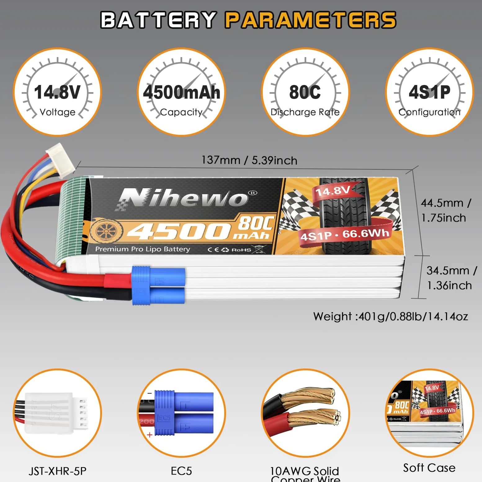 Batteria LiPo 4S 14.8V 4500mAh 60C EC5 per RC camion droni barche 2pz | Batteria 4S 4500mAh compatibile con modelli RC scala 1/8: auto, camion, aerei, elicotteri, barche, carri armati
