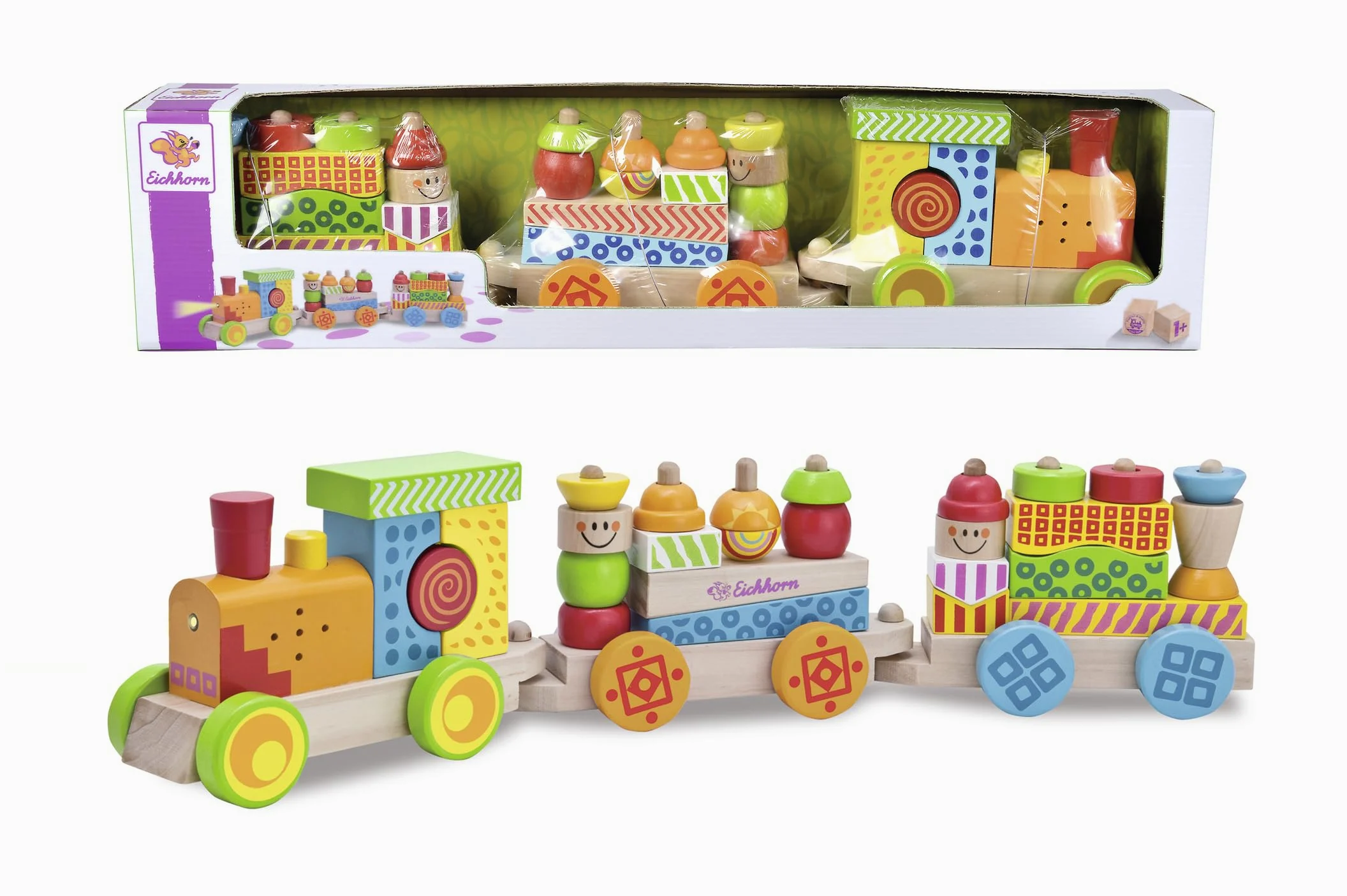 Eichhorn 100002236 - Trenino in Legno Colorato con Luci e Suoni, Completo di Formine Impilabili, 59 cm