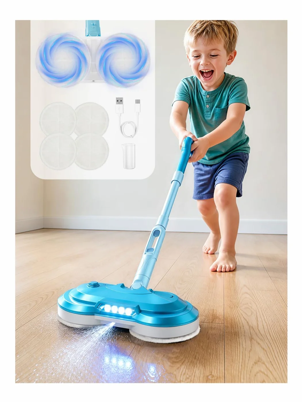 BLAXTEM Giocattolo elettrico per mocio, ricaricabile con spruzzatore d'acqua (azzurro) | Fari a LED, senza fili, giocattolo per la pulizia per ragazzi e ragazze