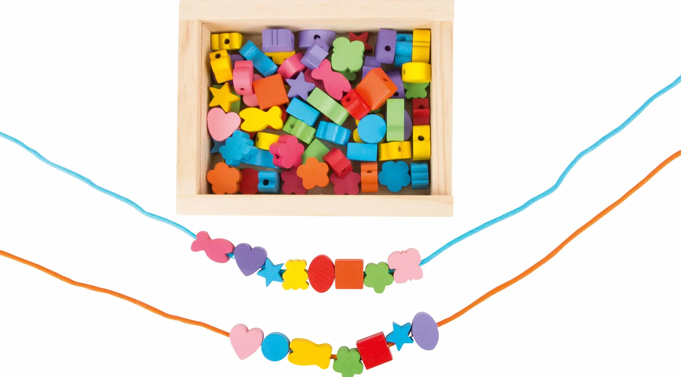 7594 Inserto creativo small foot, con perline di legno in molti colori e forme, nastri inclusi, a partire da 3 anni.