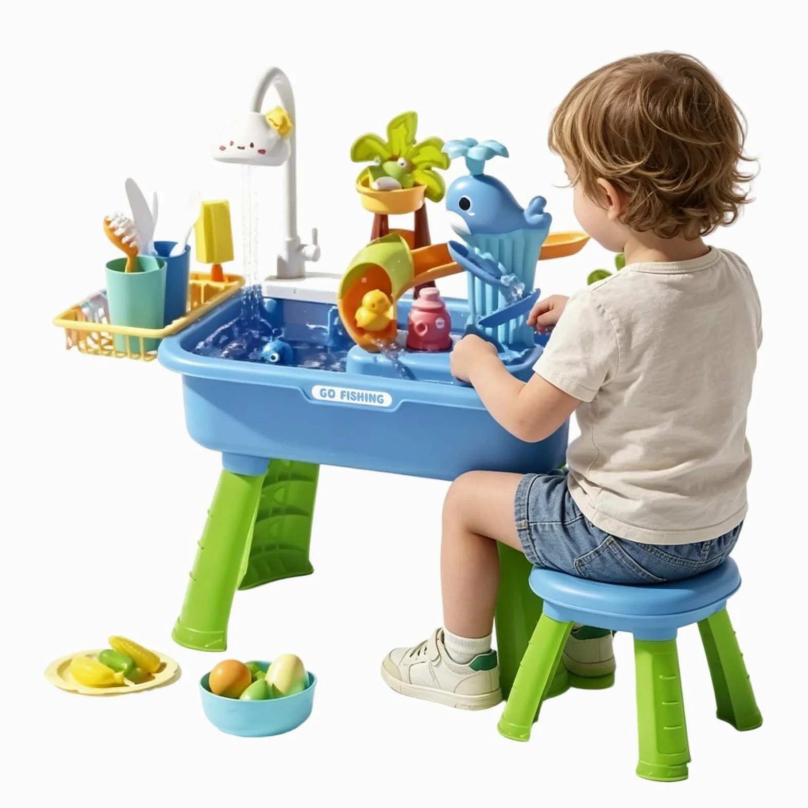 Tavolo D'Acqua Di Pesca Giocattolo Sensoriale | Tavolo Sabbia e Acqua per Bambini Per Maschi Bambino Giardino Spiaggia Asilo Scuola Materna Campeggio Interno Patio
