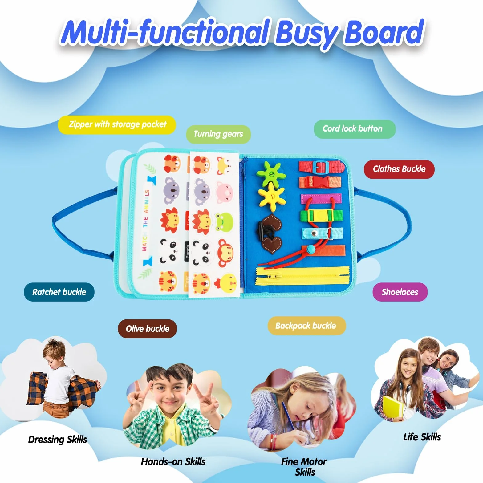 Busy Board Giochi Montessori 1 2 3 4 Anni, Libro Montessori Interattivo con 5 Strati, Pannello Sensoriale Bambini Montessori in Feltro, Libro Sensoriale Educativo Portatile per Infanzia