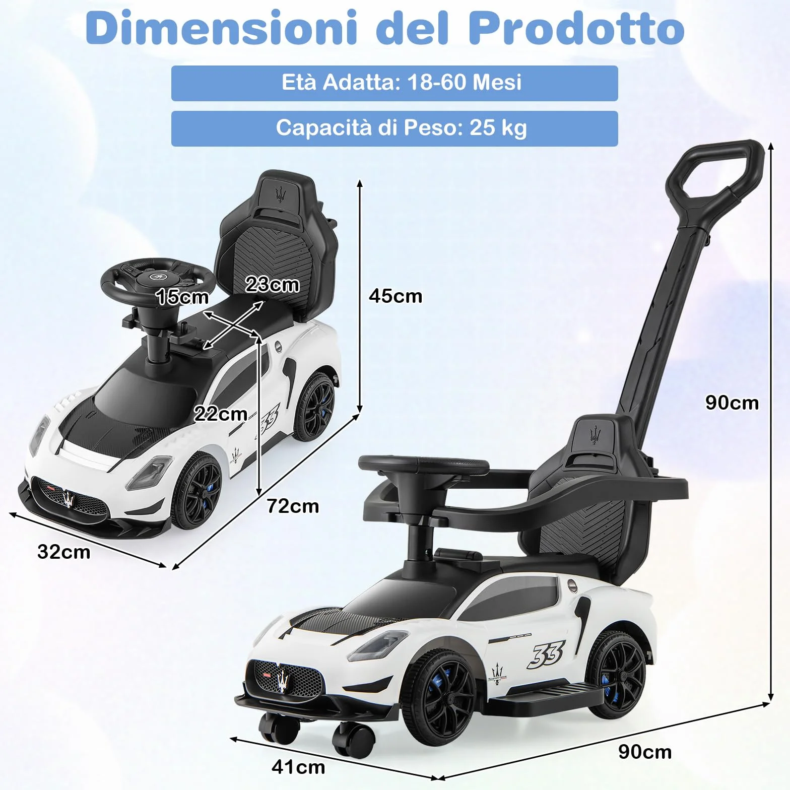 COSTWAY 3 in 1 Maserati Auto da Spinta Bambini 18-60 Mesi Bianco