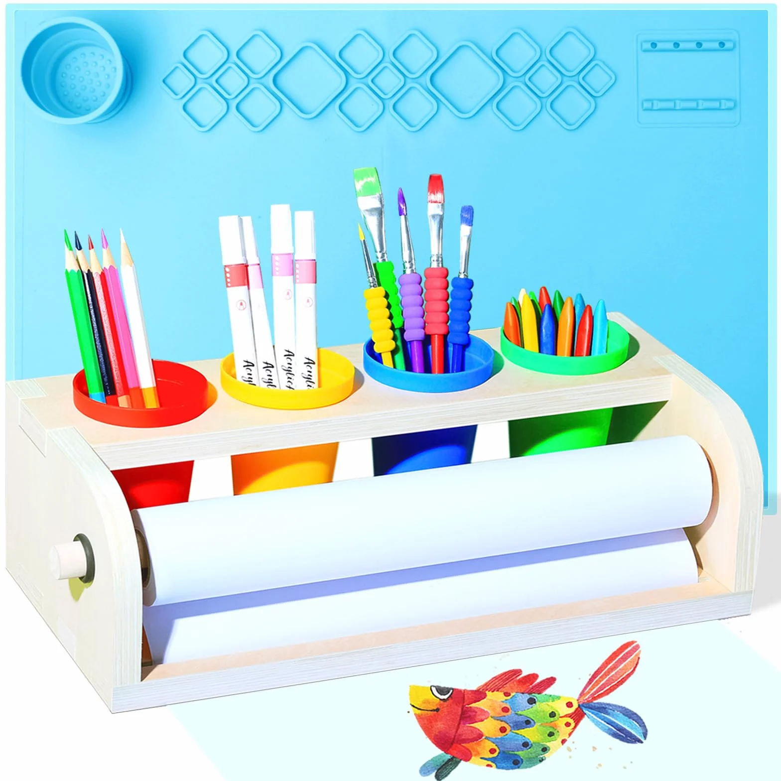 Dispenser per rotoli di carta da tavolo $ Set di matite in silicone (1 dispenser per carta da scrivania, tappetino da pittura in silicone extra grande con tazza, rotolo di carta da 1,15 m, 5