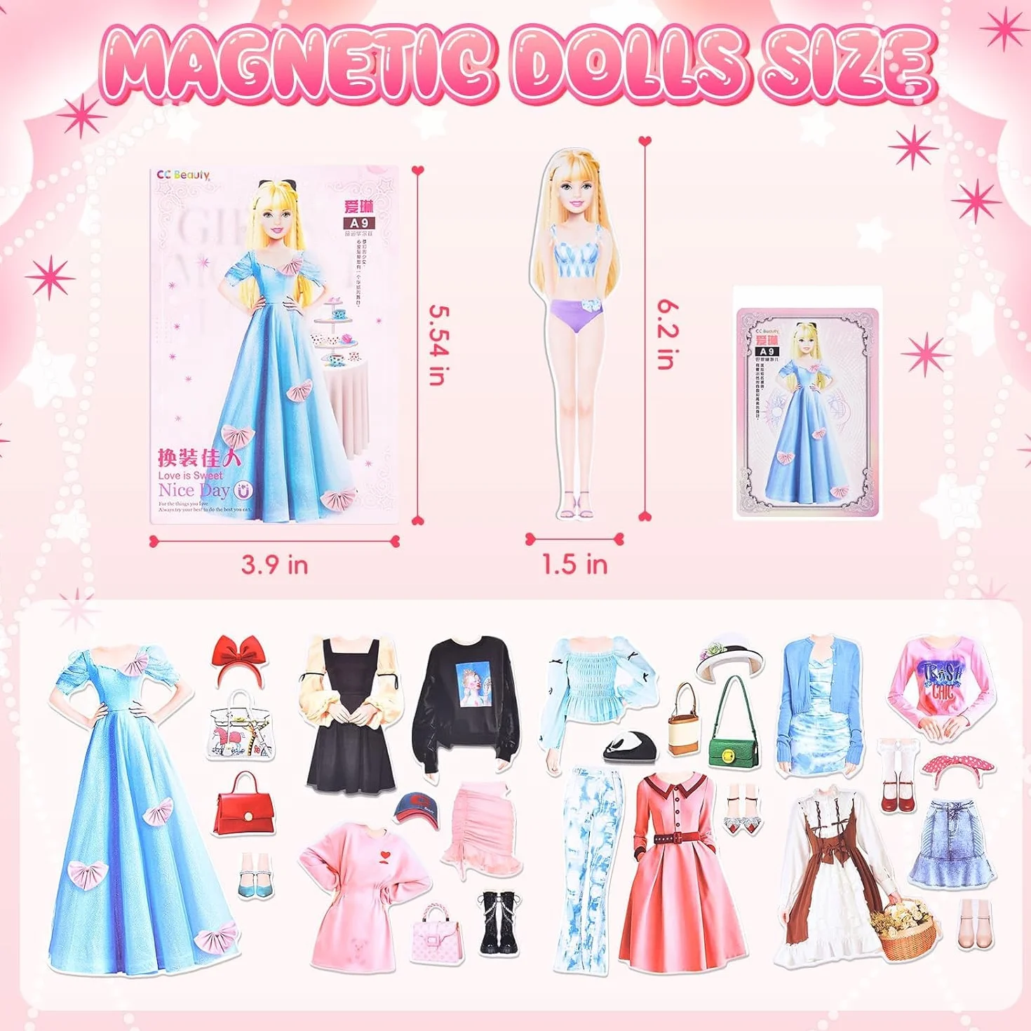Vibbang Adesivi Magnetici per Vestire Bambole per Ragazze, Set di Bambole Magnetiche da Vestire, Divertente Finta e Gioca da Viaggio, Regalo per Ragazza