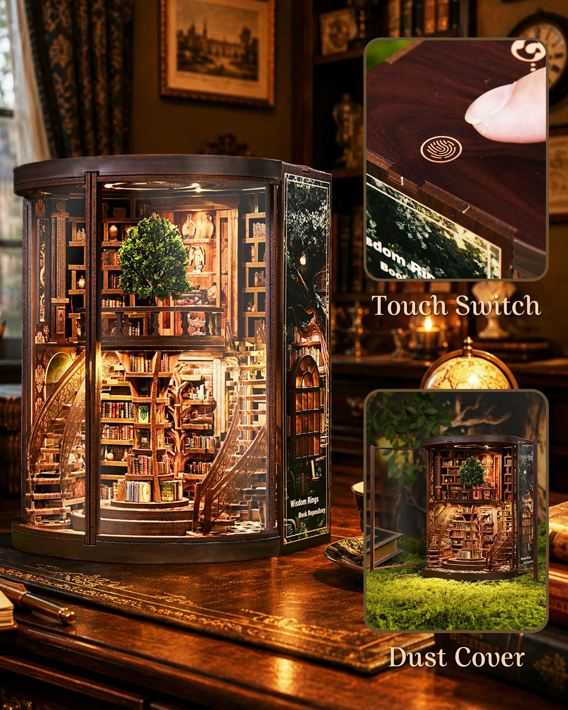 Book Nook, kit libreria, puzzle in legno 3D fai da te, con luce e protezione antipolvere | Libreria storica, 356 pezzi, illuminazione touch, protezione antipolvere in acrilico, circa 13,5 x 16,5 x 21 cm