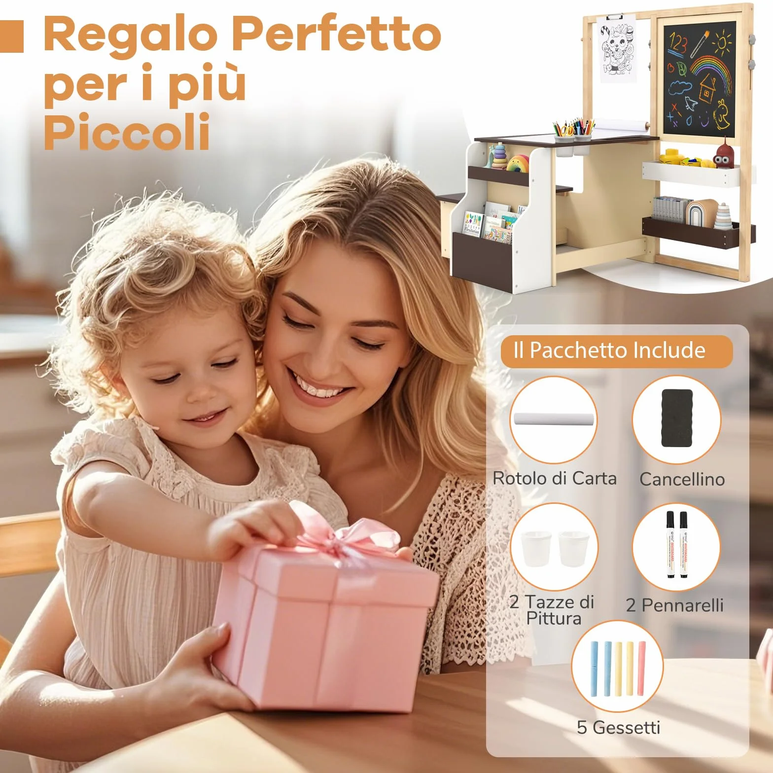 GYMAX Set di Cavalletto con Tavolo e Panca per Bambini, Scrivania Multifunzionale in Legno con Lavagna Bifacciale (Caffè)