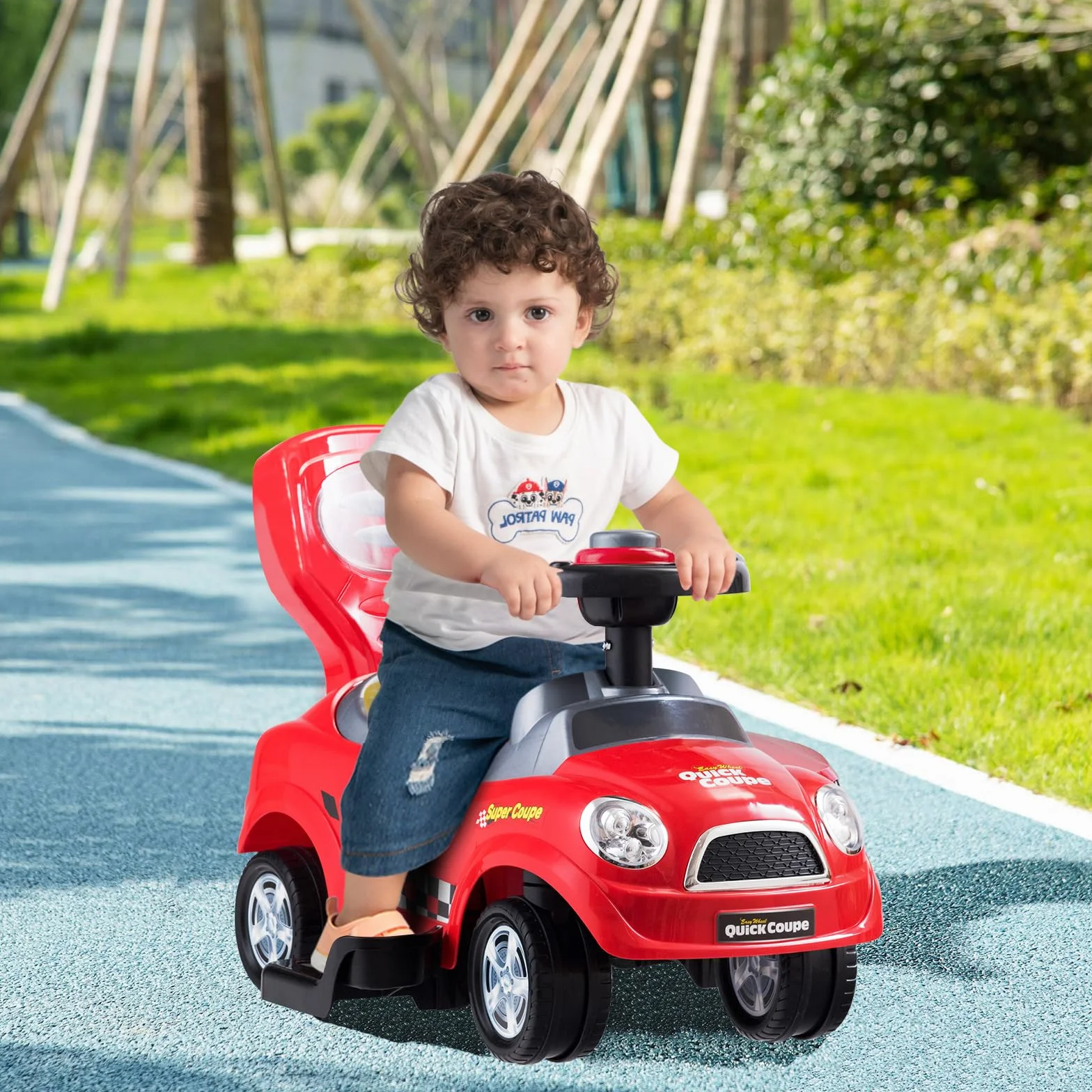 COSTWAY Macchina Cavalcabile a Spinta 3 in 1 per Bambini, con Guardrail Staccabili e Clacson, Design Anti-ribaltamento, Rosso