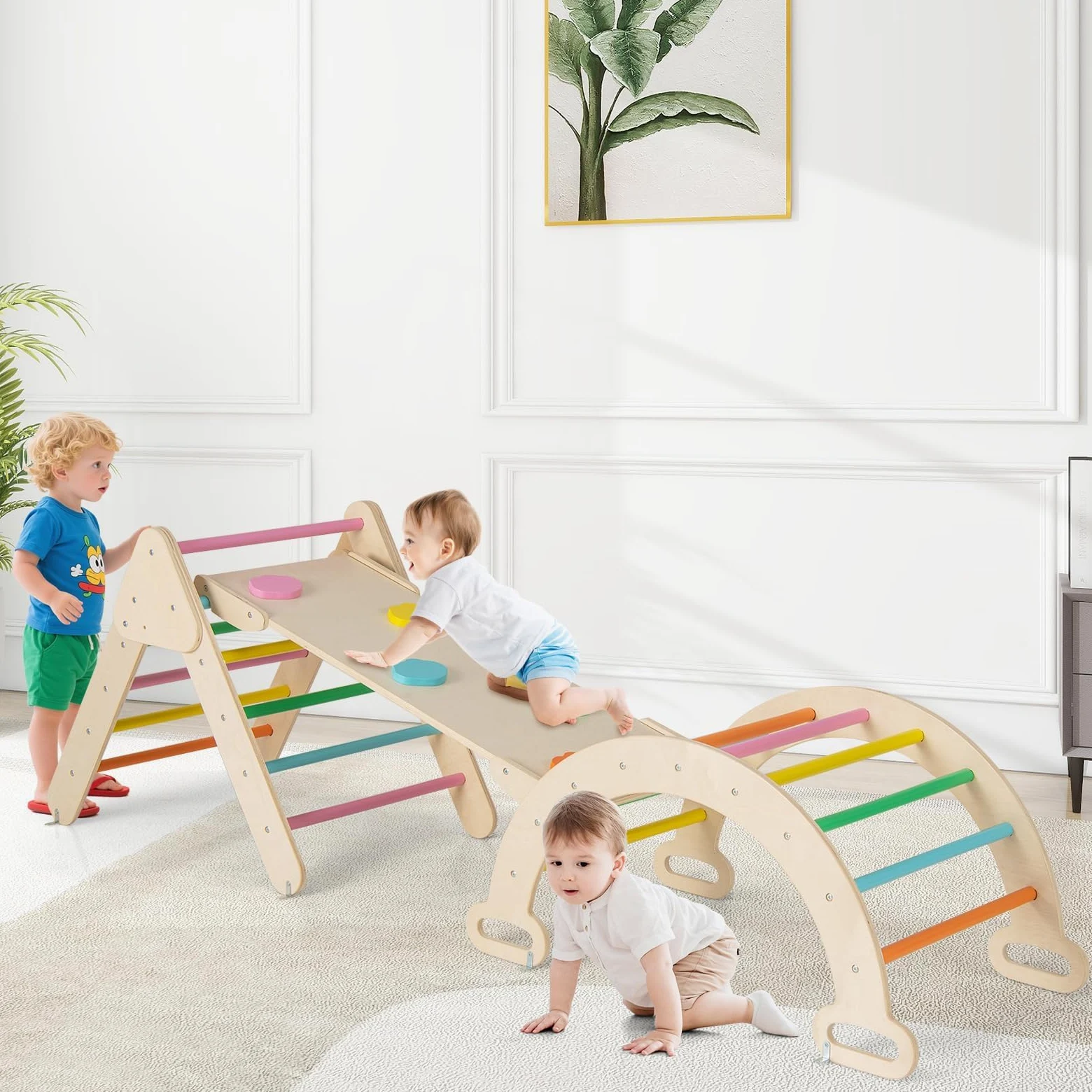 RELAX4LIFE 4 in 1 Triangolo da Arrampicata con Scivolo per Bambini, Arco da Arrampicata e Scala per Arrampicarsi in Legno, Montessori Giocattoli Bimbi 2 3 4 5 Anni