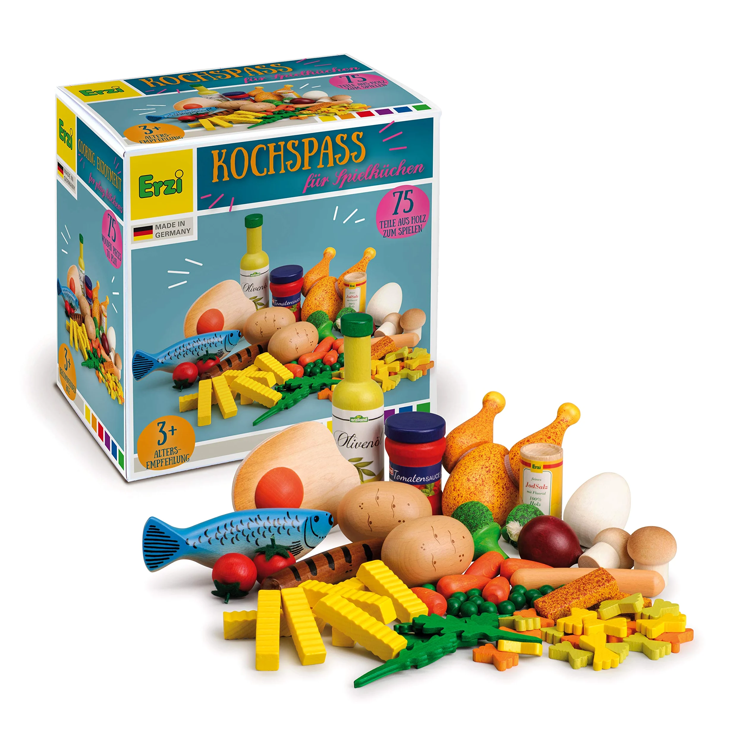 Erzi, Grande Set Assortimento Cucina 75 Pezzi in Legno di Betulla FSC laccati, Multicolore, Medium, 28217