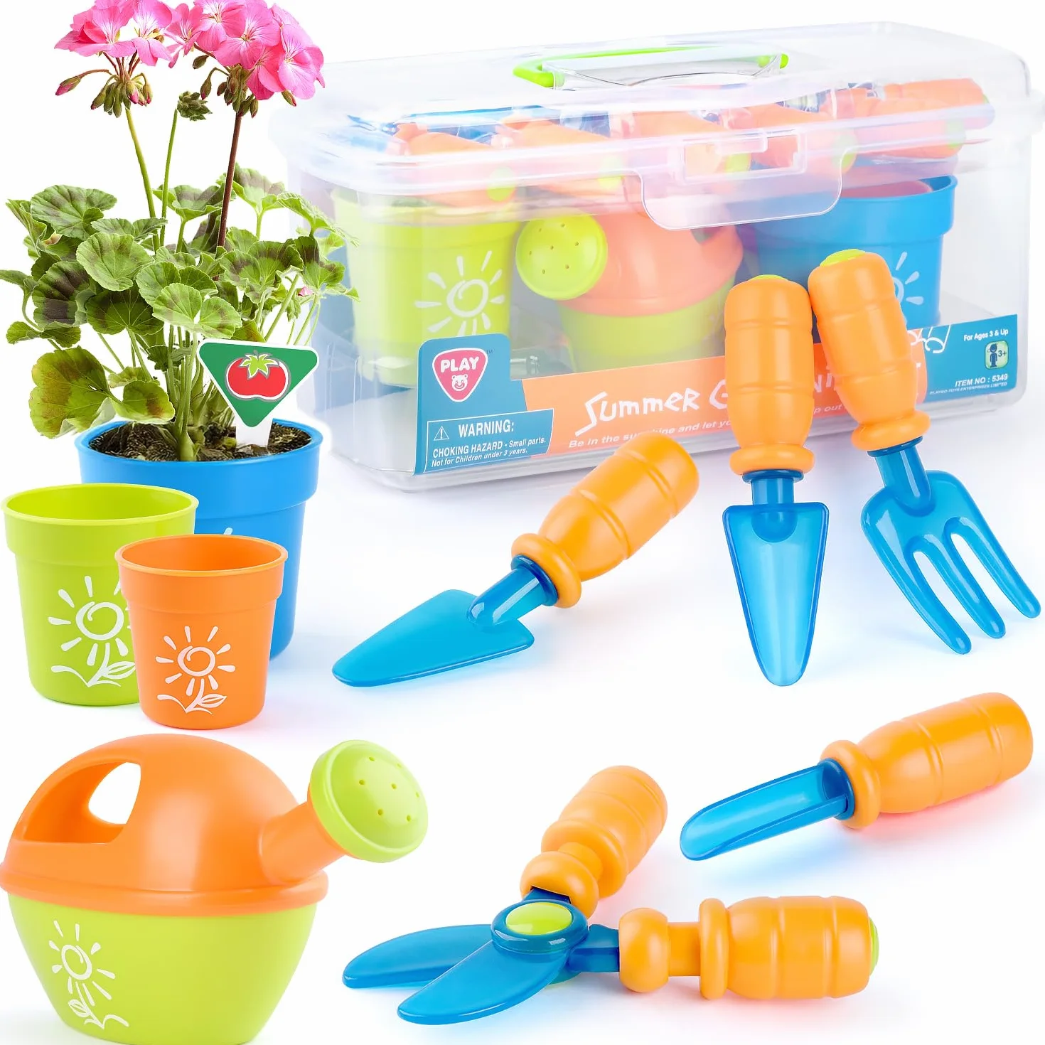 PLAY Set Attrezzi Giardino per Bambini, Utensili Giardino con Pala, Forchetta, Forbici, Vaso, Annaffiatoio, Targhetta e Contenitore, Kit Giardino per Bambini dai 3 Anni in su
