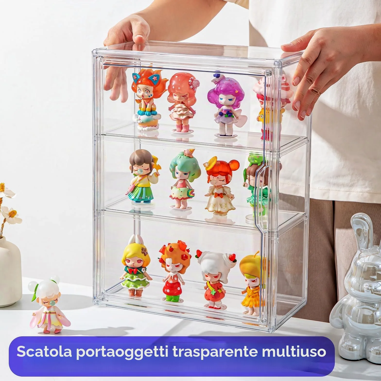 Confezione da 2 vetrine acriliche da collezione, vetrina trasparente in miniatura per figurine, montaggio a parete o scrivania, organizer per armadio a 3 livelli, vetrina a
