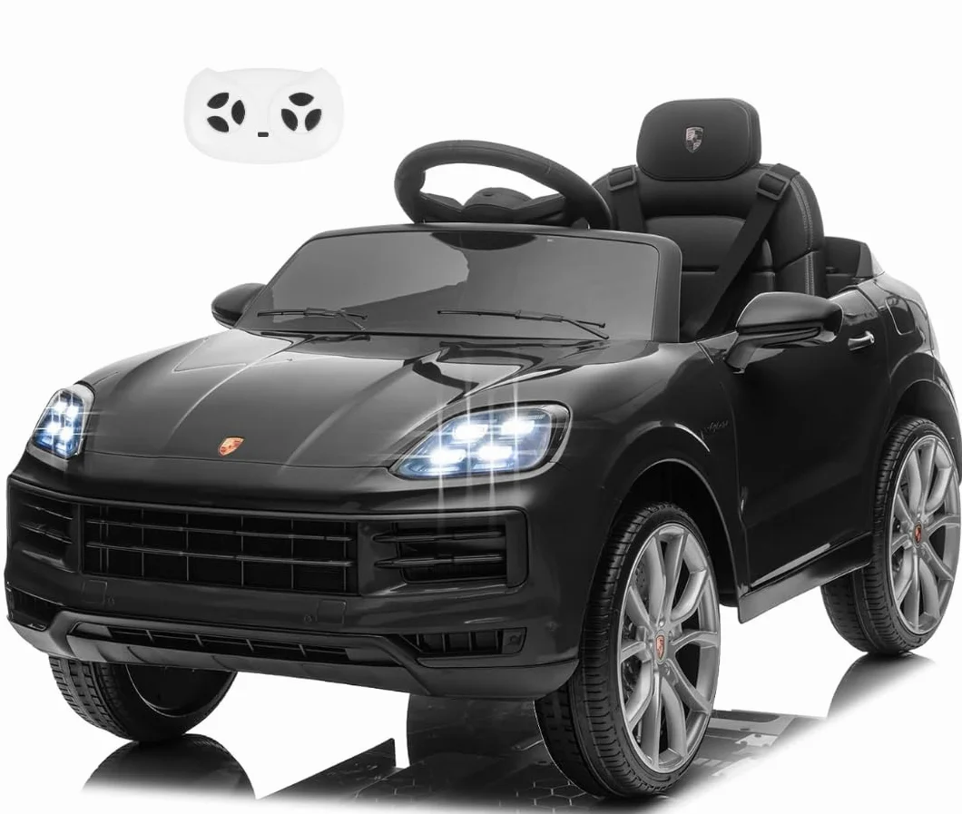 Porsche Cayenne Macchina Elettrica per Bambini 12V con Telecomando Cintura a 3 Punti Fari a Led Bluetooth Auto Elettrica Full Optional Nero