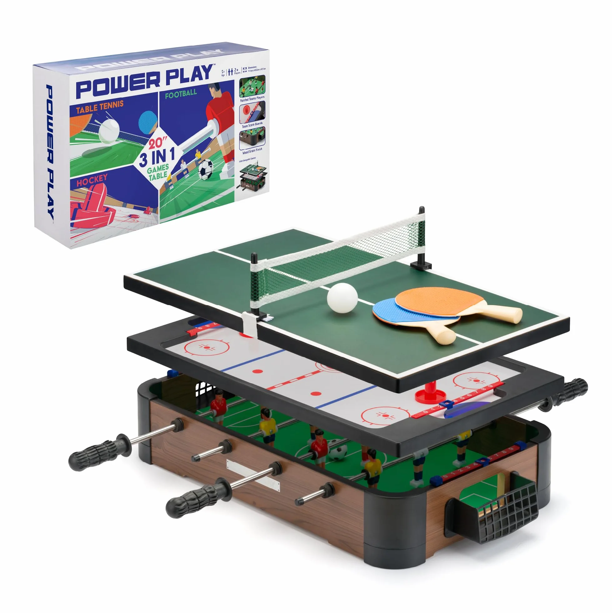 PowerPlay Giochi da tavolo 3 in 1, set da tavolo multi gioco, mini calcio, hockey e ping pong, taglia unica