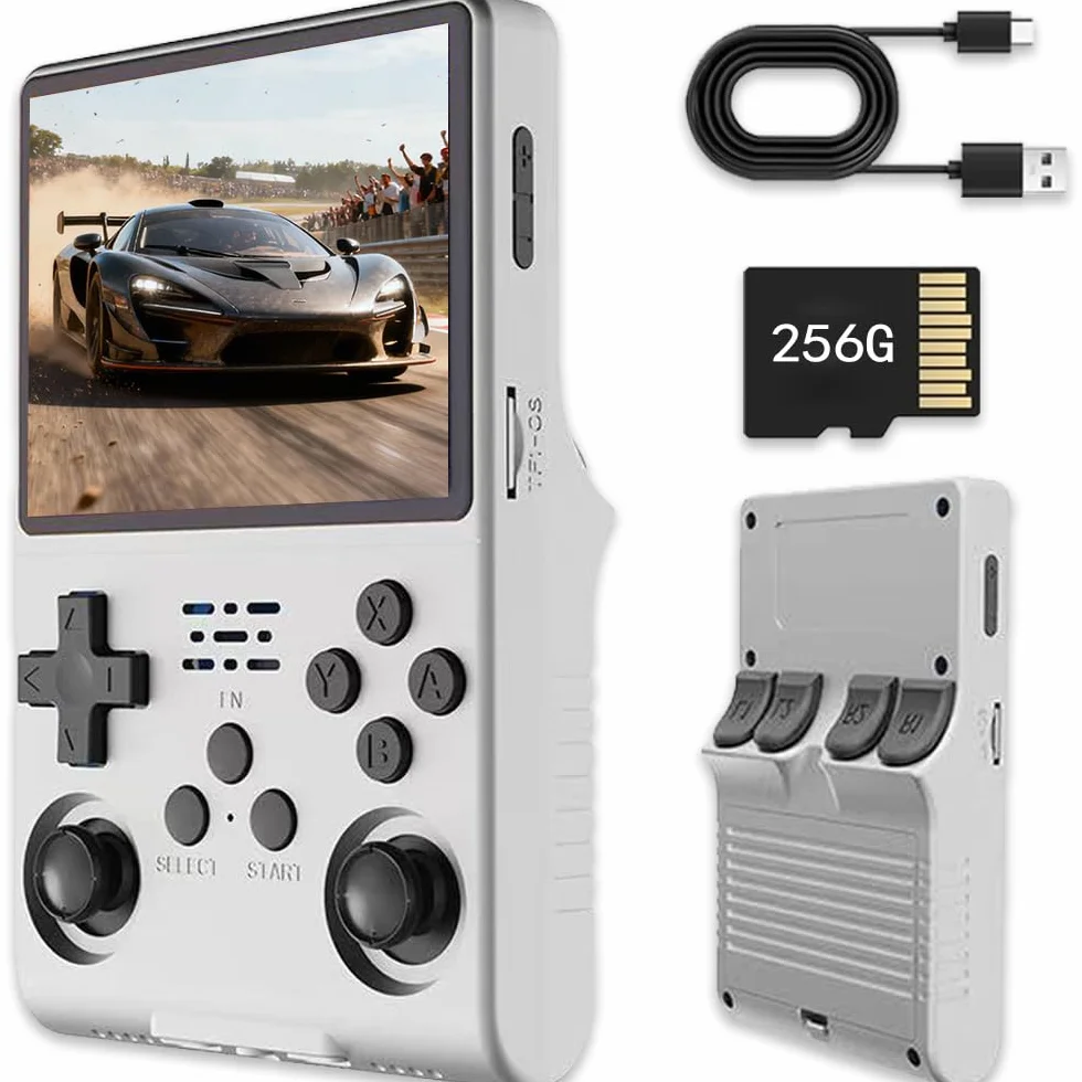 R40s pro Console portatile retro per videogiochi, console portatile per videogiochi con schermo IPS da 3,5 pollici, scheda integrata da 256 GB e 30.000 giochi, sistema Open Source Linux (Bianco)