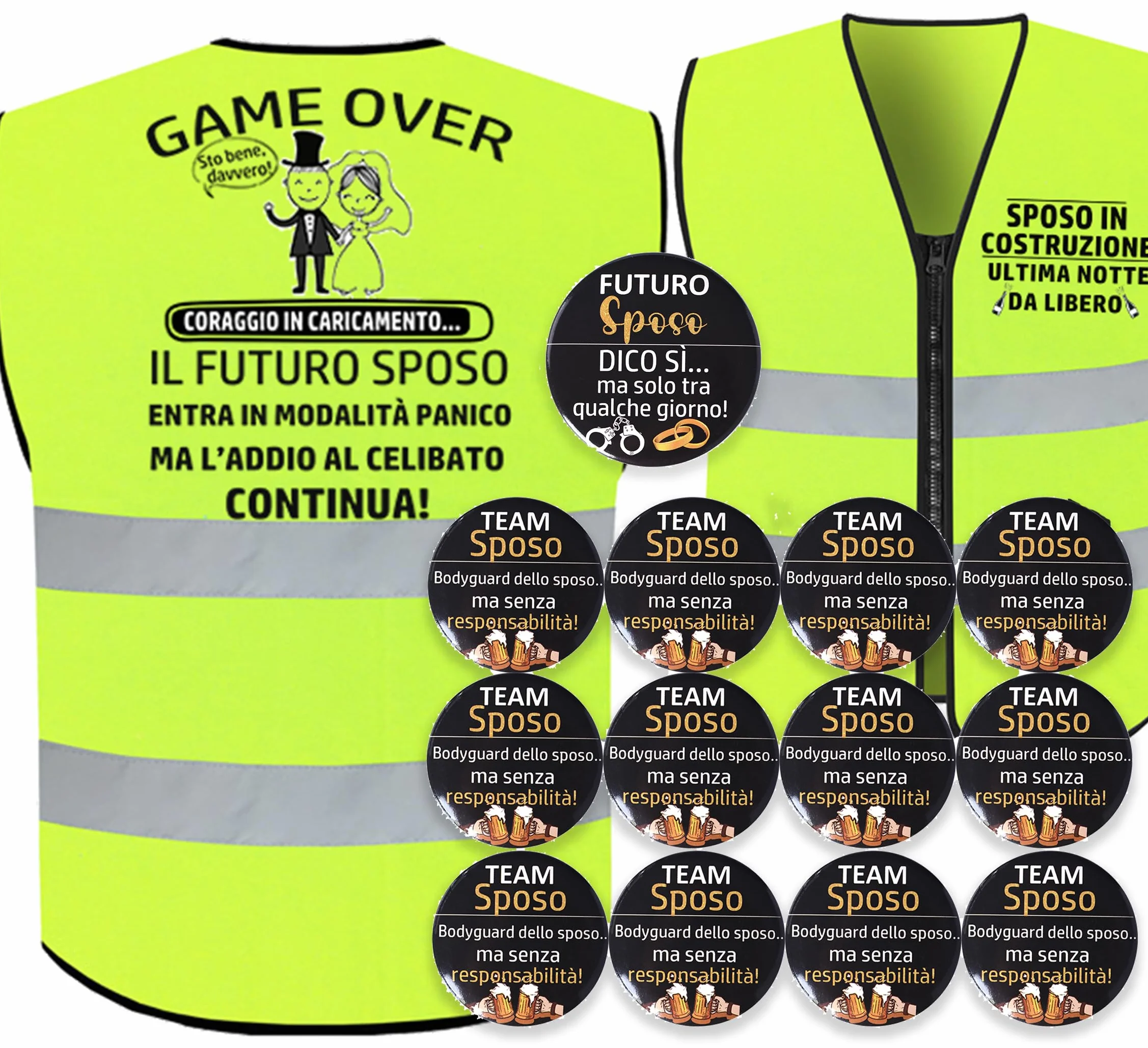 Addio al Celibato Gadget Divertente – 14pz Regalo per Sposo"Game Over" + Spilla Sposo + 12 Spille "Amico dello Sposo" – Kit Divertente per Festa di Addio al Nubilato Uomo e Regalo per Futuro Marito