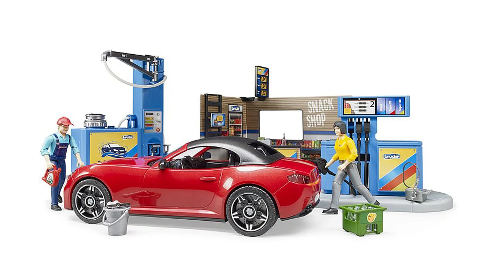 bruder 62111 - stazione di servizio bworld con pompa di benzina, stazione di ricarica per e-car, roadster, conducente, area di lavaggio, addetto alla stazione di servizio