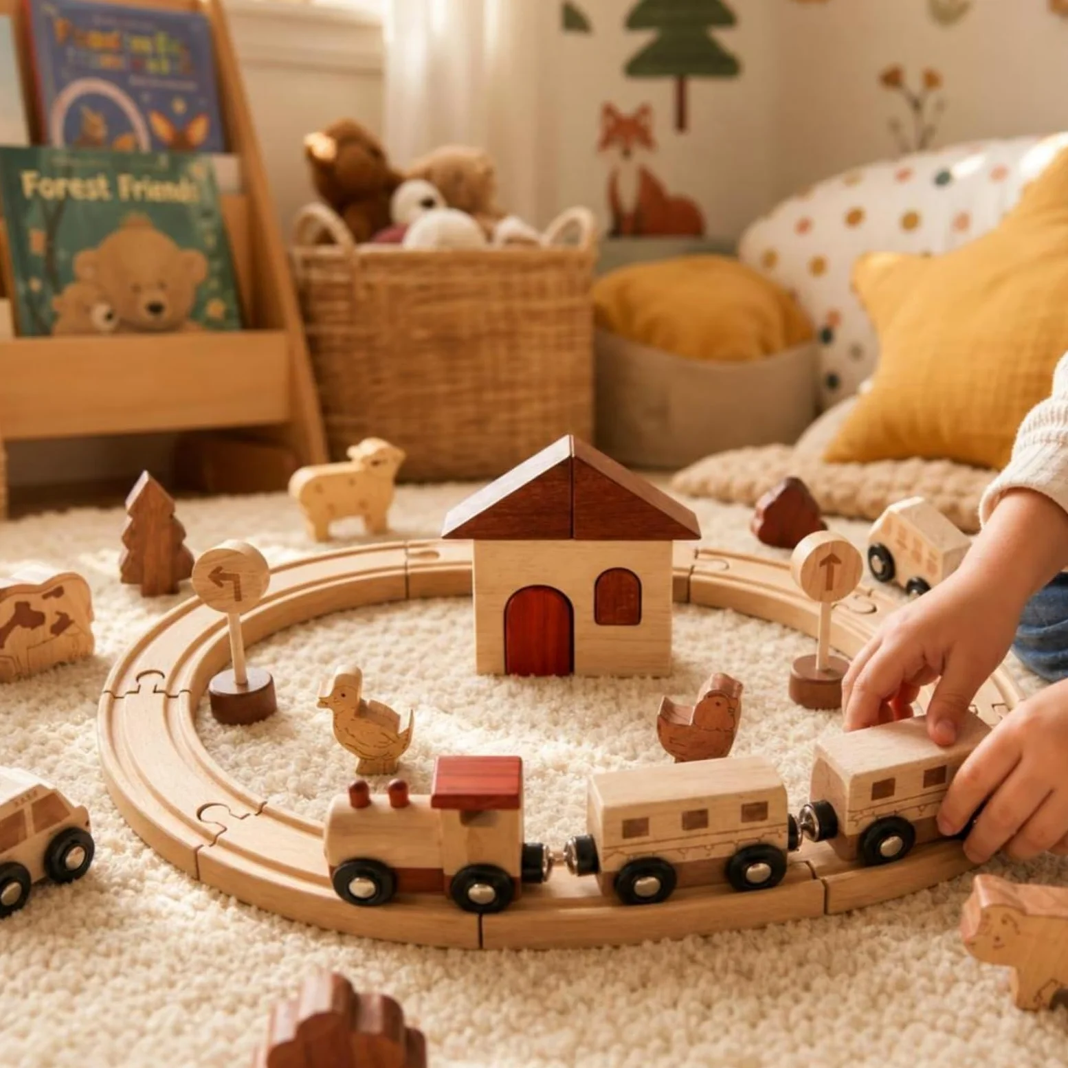 kowaku Set Ferroviario Legno Colori Rosso Marrone e Beige Pezzi Ad Incastro Trenino Giocattolo in Legno per Bambini