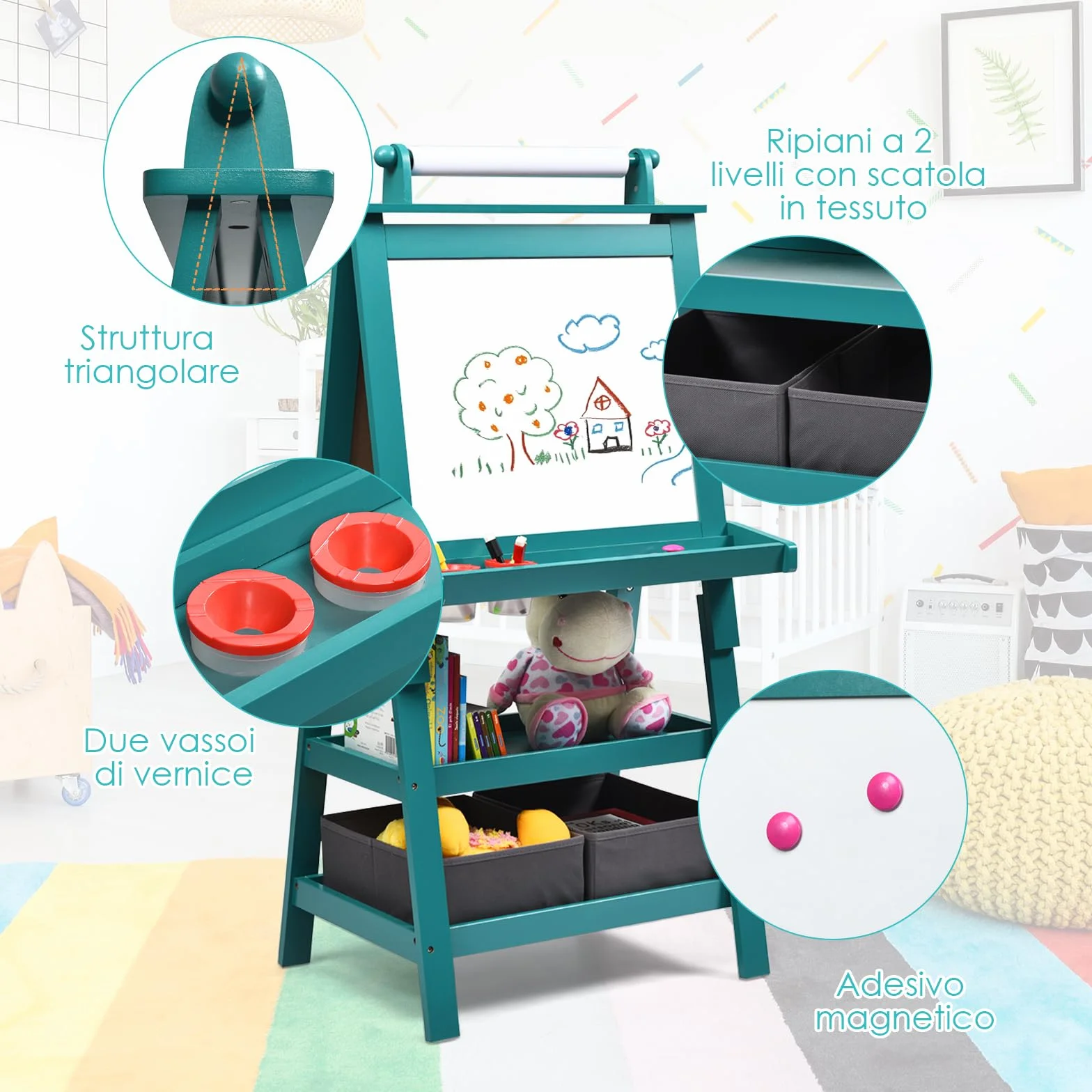 RELAX4LIFE 3 in 1 Lavagna per Bambini, Cavalletto Pittura Doppia Faccia Magnetica con Rotolo di Carta, Giocattolo Educativo 3+ Anni (Blu)