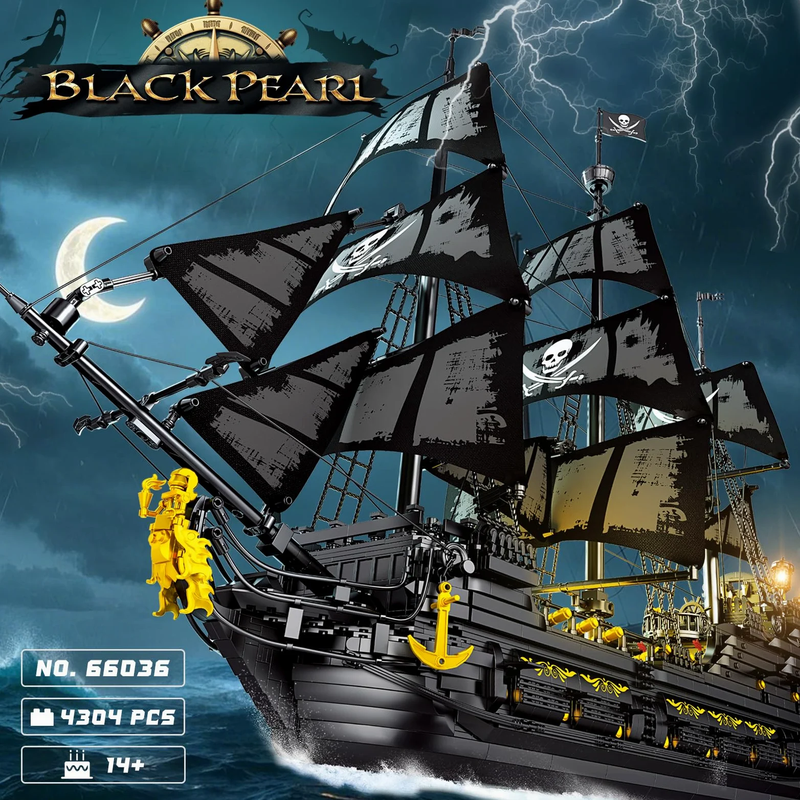 Reobrix Perla Nera Nave Pirata 66036, Grande Veliero Galeone in Mattoncini con Luci LED, Nave Fantasma Avventura, Modello Set da Collezione per Adulti 14+, Idea Regalo