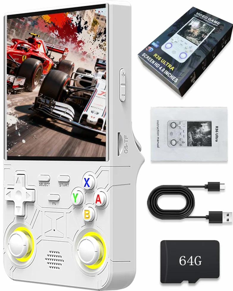 La nuova console di gioco portatile R36 Ultra è dotata di un display IPS da 4 pollici, una scheda integrata da 64 GB e 20.000 Giochi, una compatibilità con Linux e una (bianco, 64G)