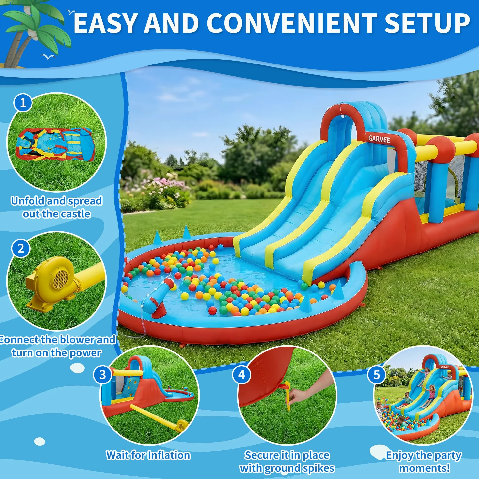 Castello Gonfiabile XXL 8-in-1 per Bambini – Doppio Scivolo d’Acqua, Piscina Grandezza, Arrampicata, Cannoni e Giochi ad Anello, Blower 550W, Oxford Resistente, Interni/Esterni – 26001